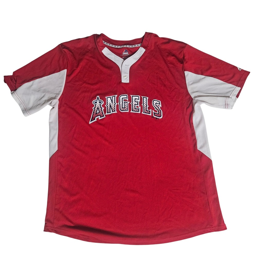 Majestic Los Angeles Angels Coach Jersey Mens 2XL Red White Cool Base Baseball